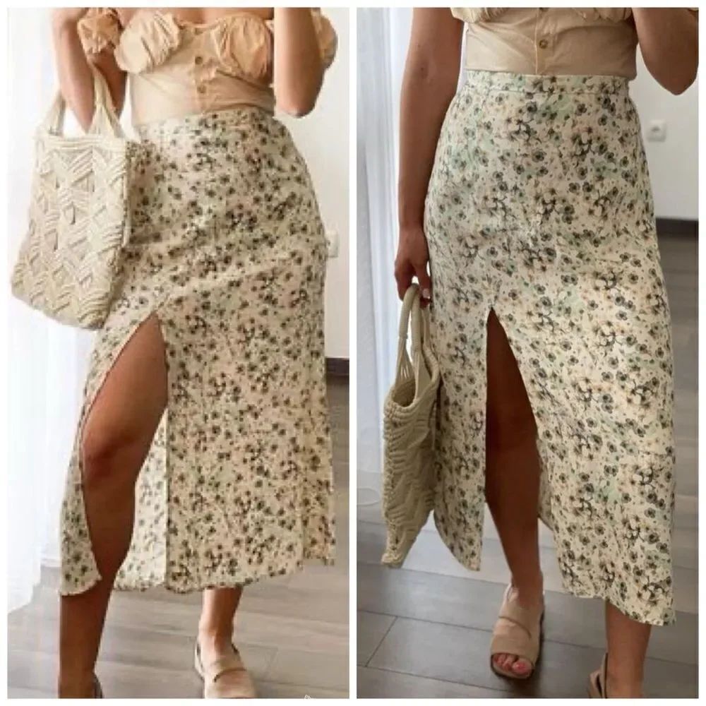 H&M Floral Viscose Midi Skirt with Slit